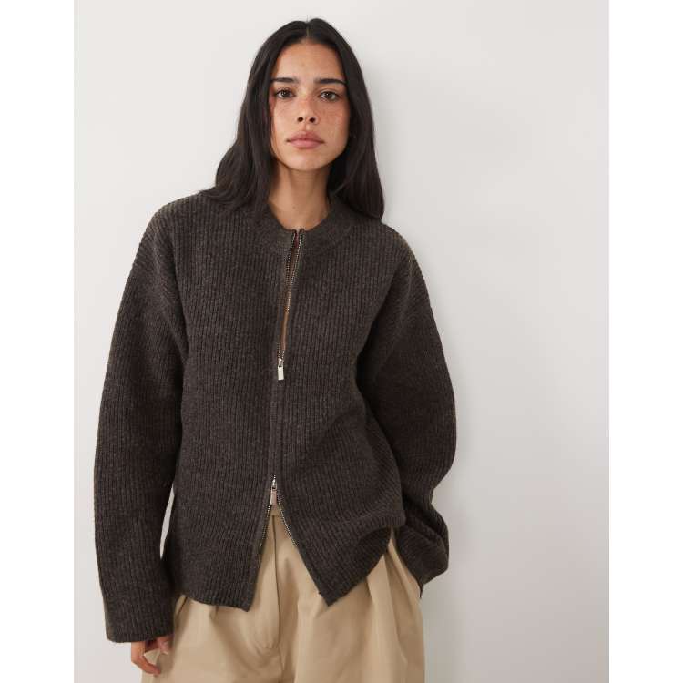 4th & Reckless high neck double zip rib knit jacket in chocolate