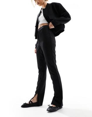 high rise split leg flared pants in black pinstripe-Multi