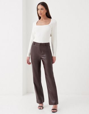4th & Reckless high waisted PU straight leg trousers in truffle