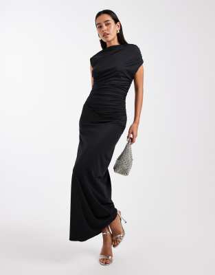 4th & Reckless - Hochgeschlossenes, ärmelloses Maxikleid aus anschmiegsamem, doppellagigem Material in Schwarz mit drapi...