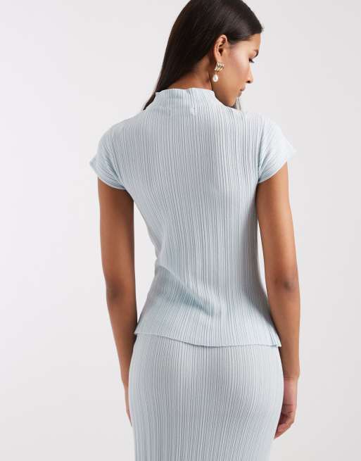 4th & Reckless – Hochgeschlossenes, geripptes Strick-Oberteil in Babyblau mit Kappärmeln, Kombiteil, 4 von 4