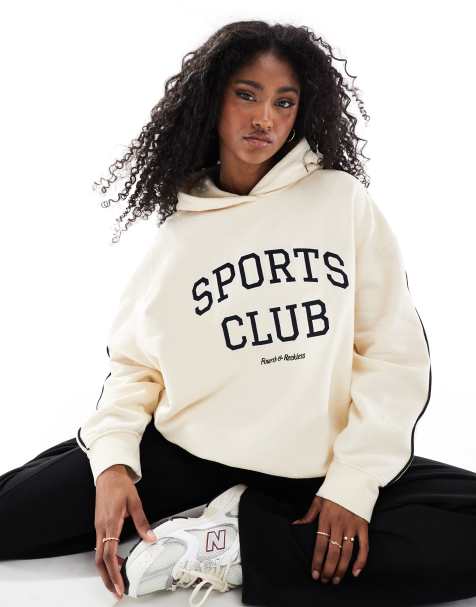 4th & Reckless - Hoodie met geborduurd logo, 'Sports Club'-print en contrasterende mouwen in crème - view 1