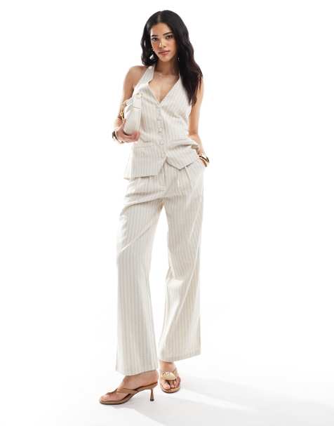 4th & Reckless – Hose aus Leinen-Mix in Beige mit hohem Bund, weitem Bein und Streifen, Kombiteil - view 1