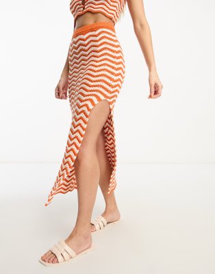 4th & Reckless 4th & Reckless island crochet beach skirt co-ord in orange & white-Multi