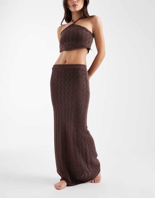 4th & Reckless - Jupe longue d'ensemble de plage en maille zigzag en coton majoritaire - Chocolat, 2 de 5