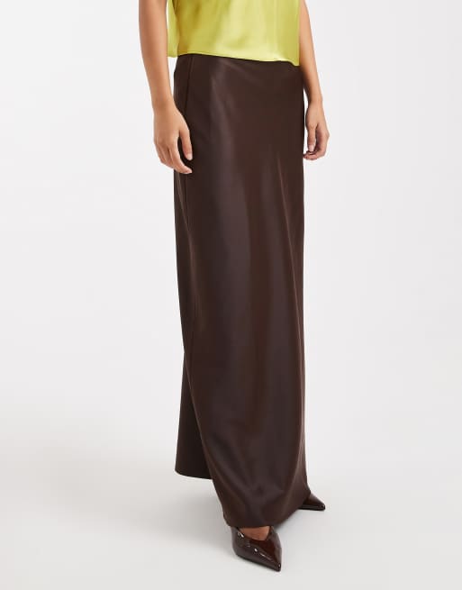 4th & Reckless - Jupe longue droite en satin - Chocolat, 4 de 5