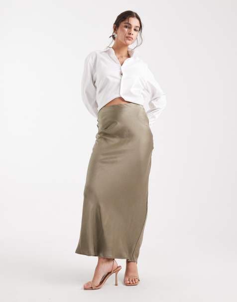 4th & Reckless - Jupe longue droite en satin - Vert olive - view 1