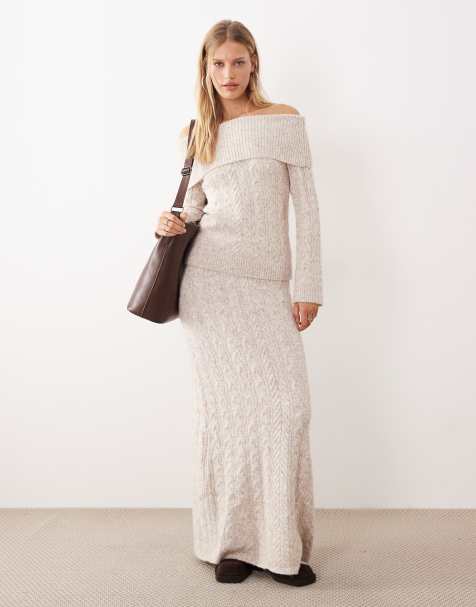 4th & Reckless - Kabelgebreide wolachtige maxi-rok in lichtbeige, deel van co-ord set - view 1