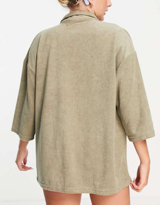 4th & Reckless – Kali – Salviagrön strandskjorta i oversize av frotté, 2 av 4