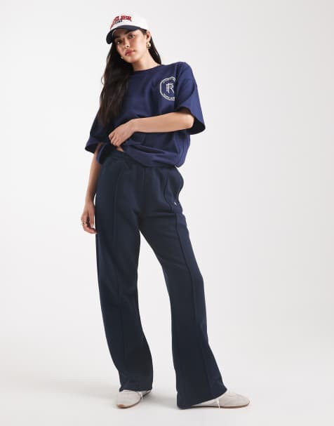 4th & Reckless - Katoenen joggingbroek met wijde pijpen, geborduurd logo en naaddetail in marineblauw - view 1