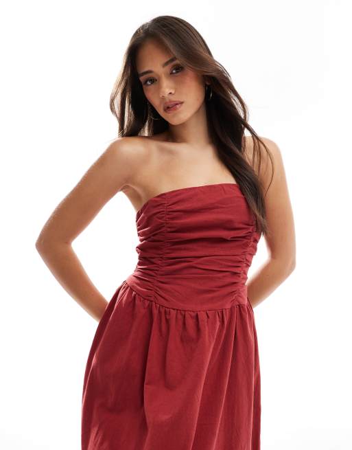 4th & Reckless - Katoenen maxi bandeau-jurk met ruches in roestbruin, 2 van 4