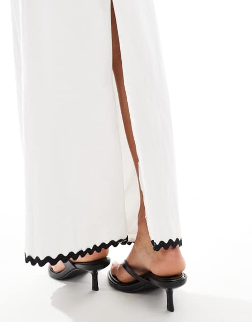 4th & Reckless - Katoenen maxi rok met linnenlook en contrasterende zigzag-rand in wit, deel van co-ord set, 3 van 5