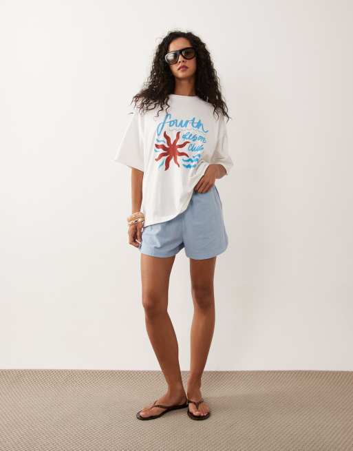 4th & Reckless katoenen oversized T-shirt met resort club-print in crème, 2 van 4