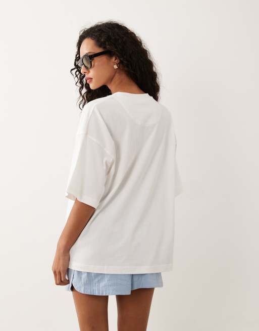 4th & Reckless katoenen oversized T-shirt met resort club-print in crème, 3 van 4