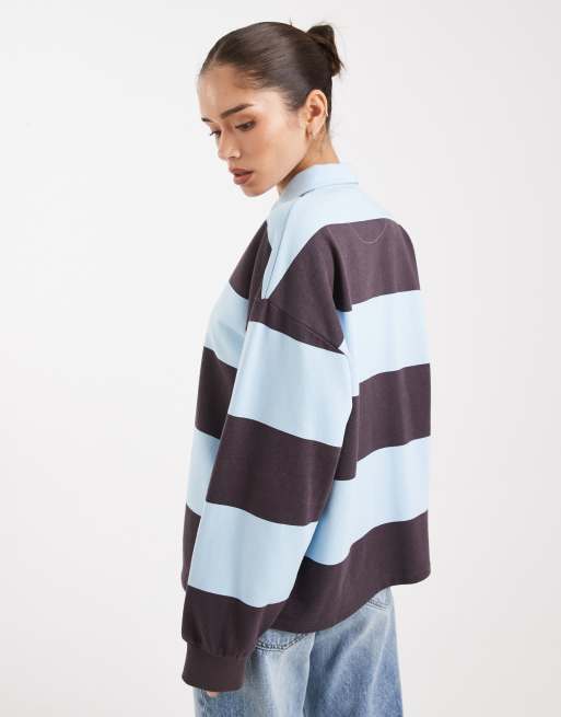 4th & Reckless - Katoenen rugbyshirt met polokraag in chocoladebruin en blauw, 2 van 4