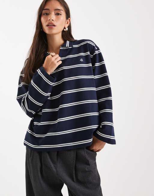 4th & Reckless - Katoenrijke gestreepte rugbytop met kraagje, lange mouwen en geborduurd logo in marineblauw