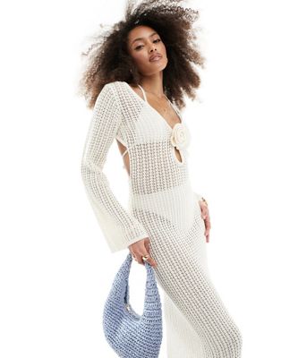 4th & Reckless key hole knit maxi beach dress in cream