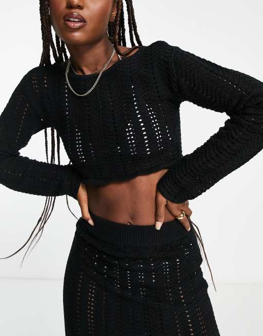 Black Crochet Long Sleeve Crop Top