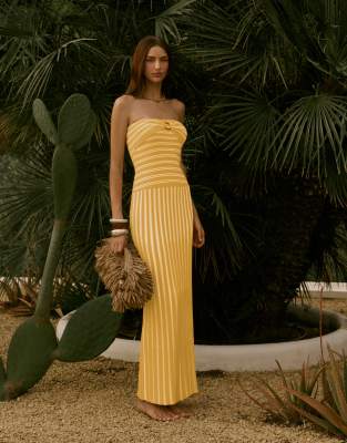 4th & Reckless knit bandeau resin ring drop waist pleat hem maxi beach dress in 