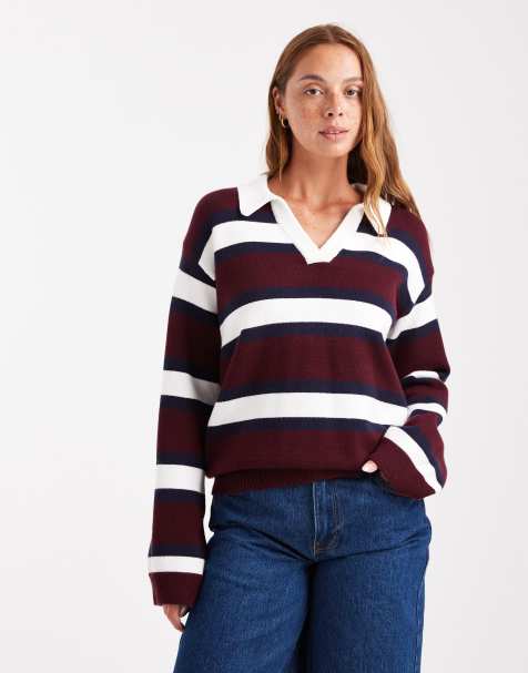 4th & Reckless knit collared rugby sweater in multi burgundy stripes - view 1