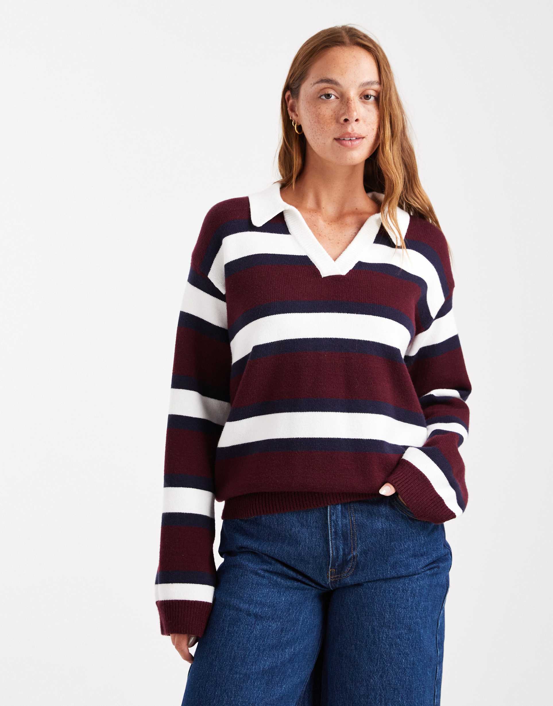 4th & reckless knit collared rugby sweater in multi burgundy stripes