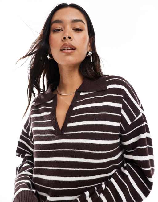4th & Reckless knit collared V-neck rugby sweater in brown and cream stripe, 3 of 4