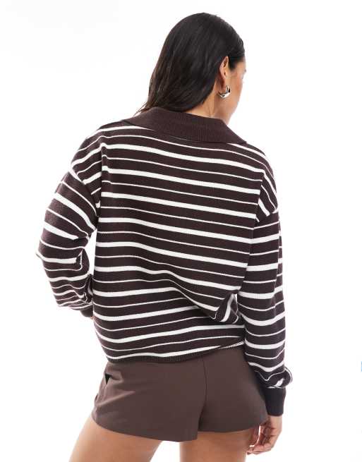 4th & Reckless knit collared V-neck rugby sweater in brown and cream stripe, 4 of 4