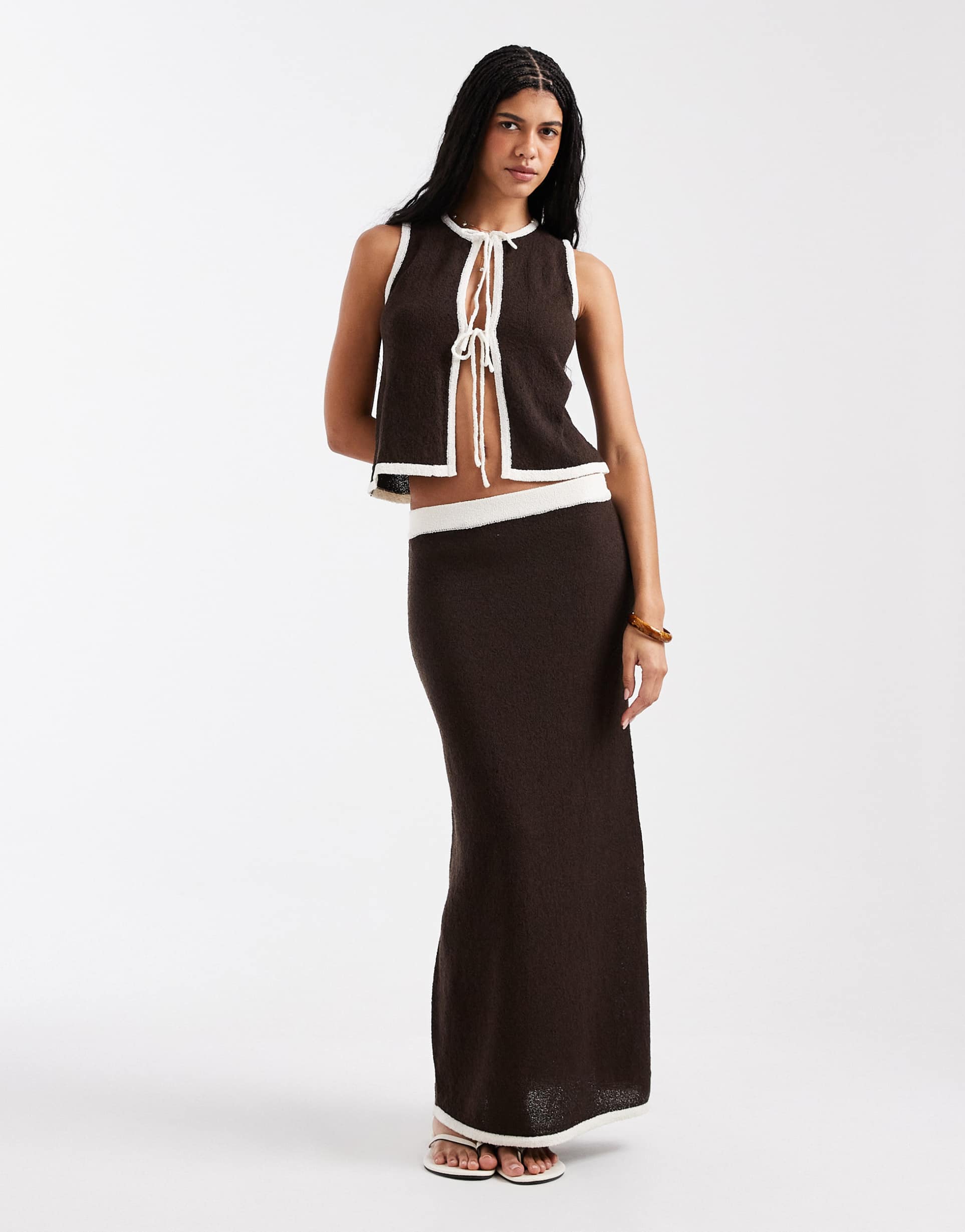 4th & reckless knit contrast trim tie front beach maxi skirt in chocolate - part of a set