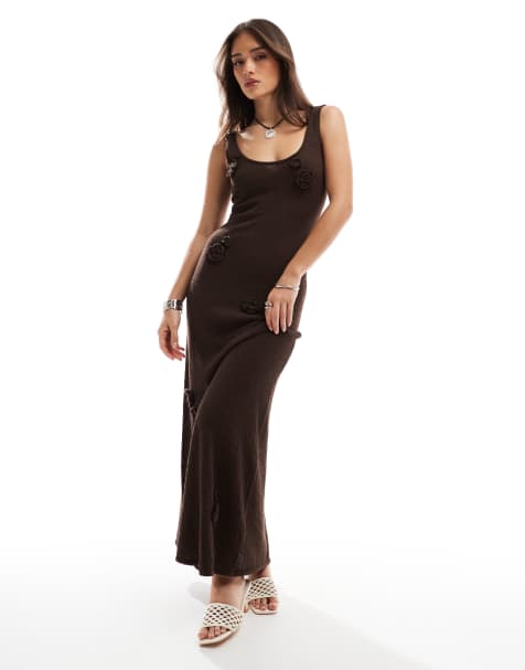 4th & Reckless knit crochet flower detail maxi dress in brown - view 1