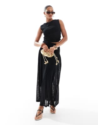 knit deep waistband drop waist maxi skirt in black - part of a set