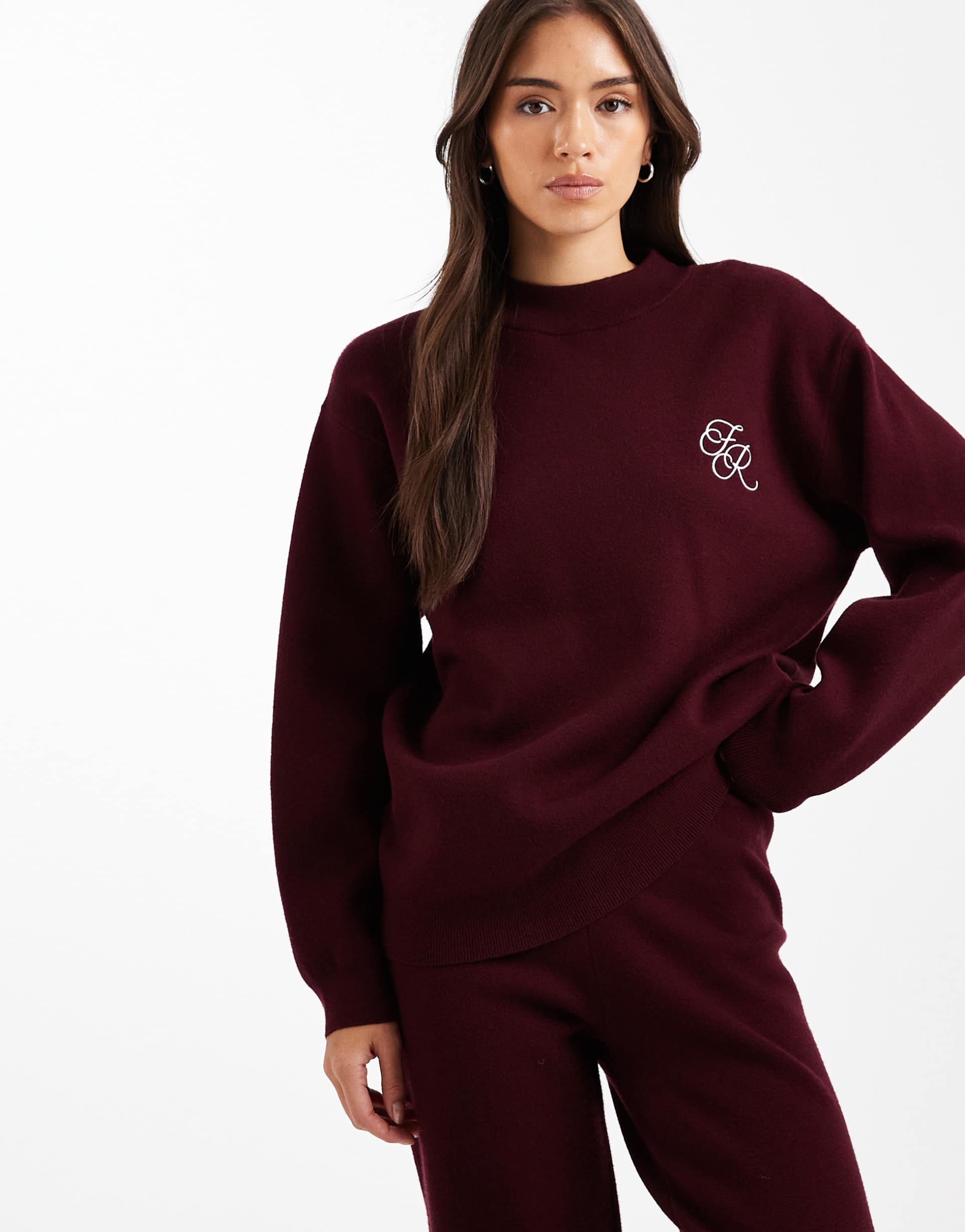 4th & reckless knit embroidered logo detail sweater in burgundy - part of a set