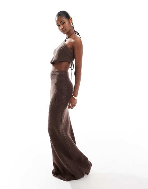 4th & Reckless knit halter beach crop top and maxi skirt set in chocolate brown - view 1