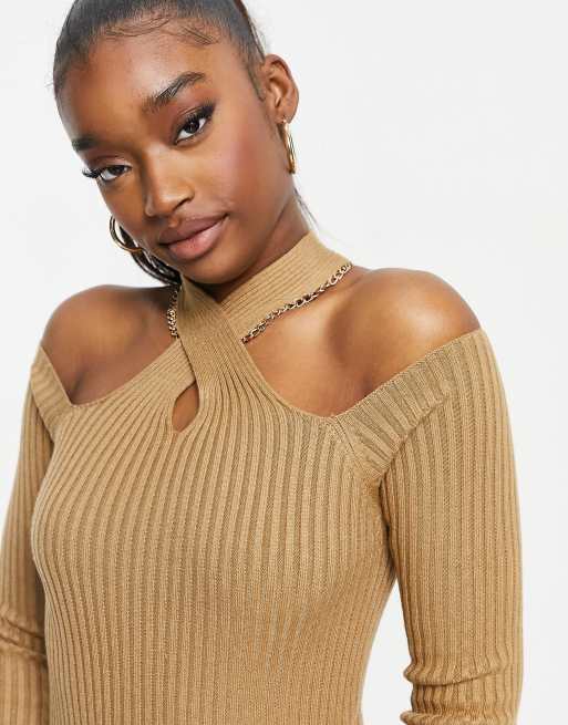 4th Reckless knit jumper with cut out shoulder in beige ASOS