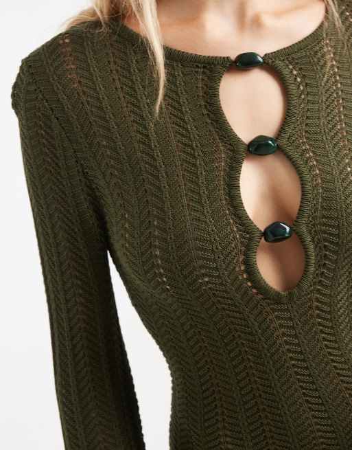 4th & Reckless knit keyhole bead detail flare sleeve maxi beach dress in olive, 3 of 4