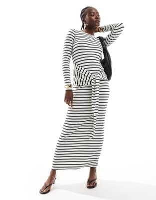 knit long sleeve tie front maxi dress in black and white stripe-Multi