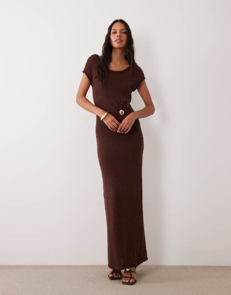 4th & Reckless knit metal hardware ruched waist detail maxi dress in chocolate - view 1