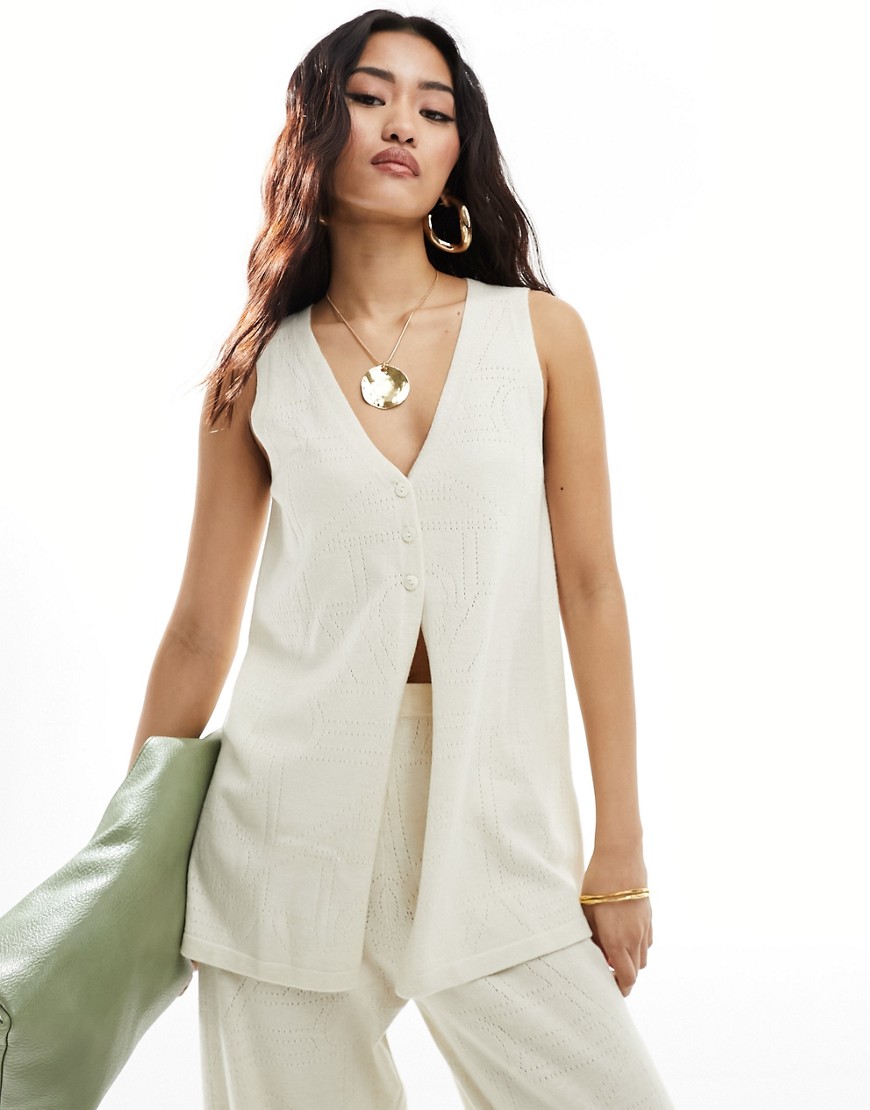 4th & Reckless Knit Pointelle Longline Vest In Cream - Part Of A Set-white