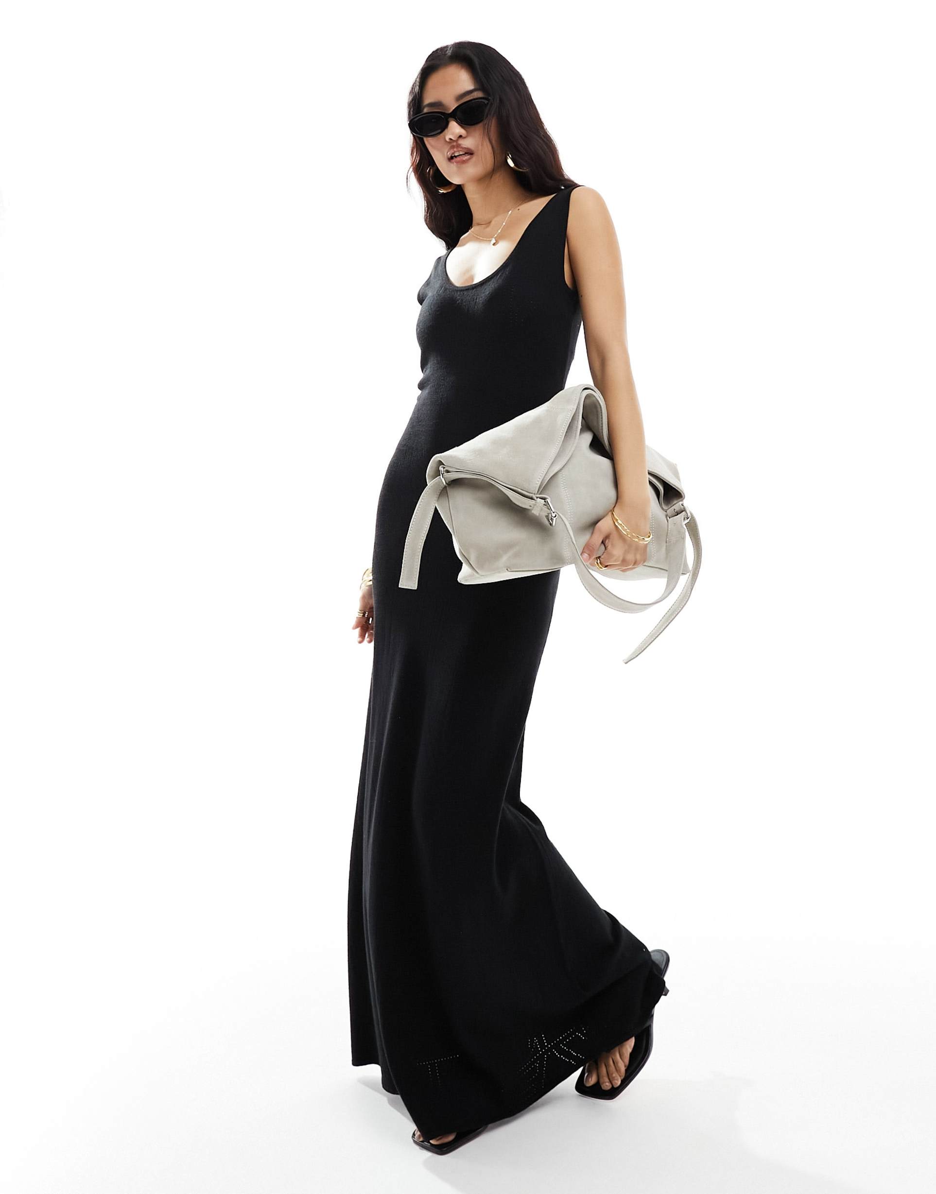 4th & reckless knit pointelle scoop neck maxi dress in black