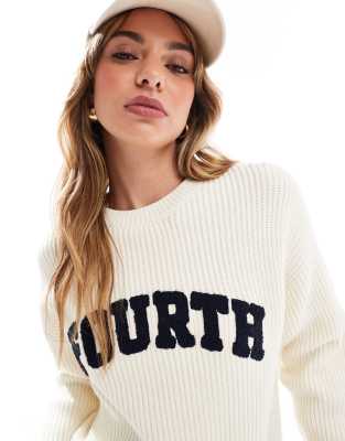 knit rib logo crew neck sweater in cream-White