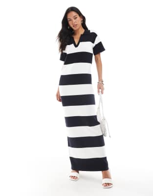 4th & Reckless knit rugby collar maxi dress in black and white stripe - view 1