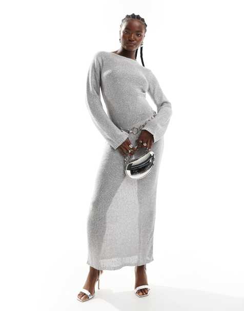 4th & Reckless knit sequin long sleeve maxi dress in silver - view 1
