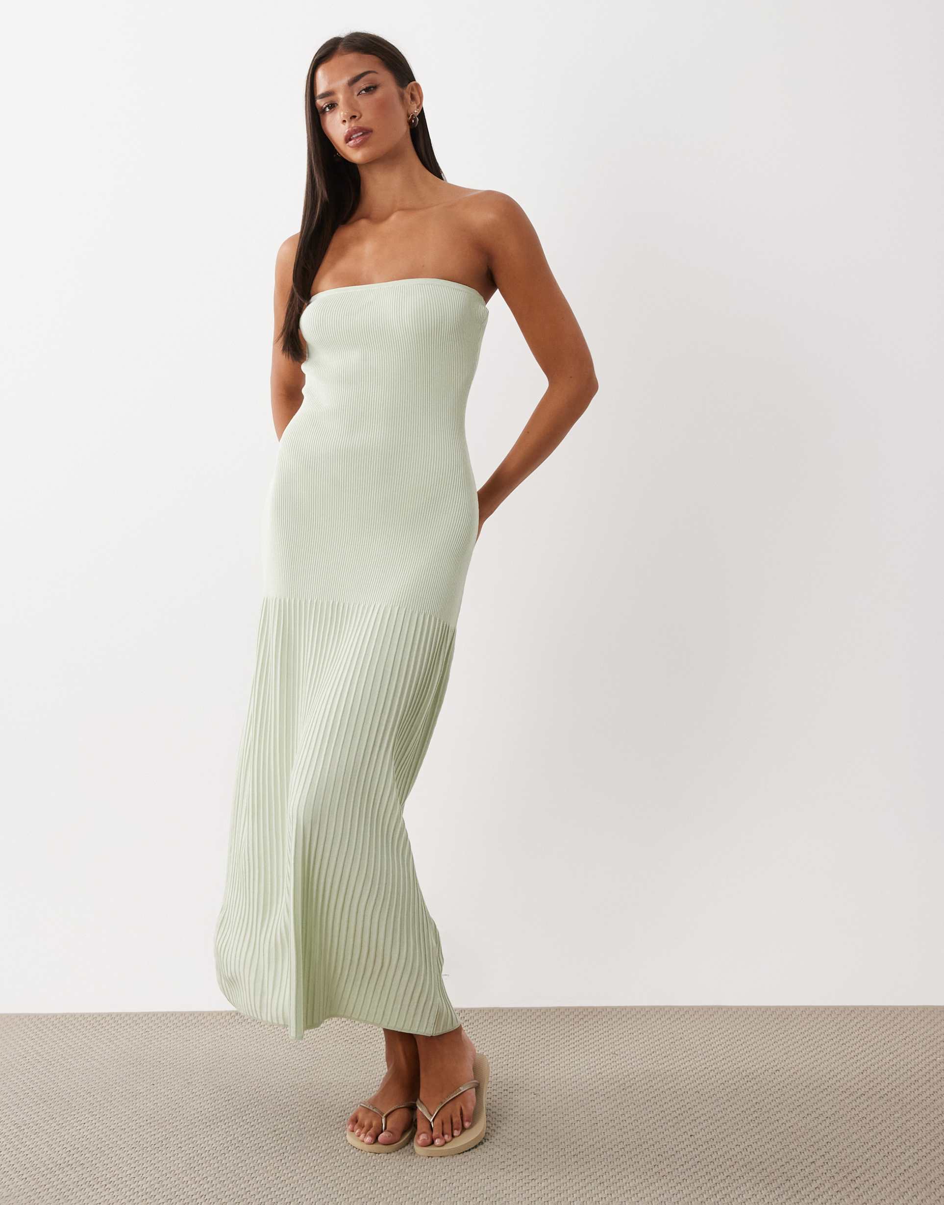 4th & reckless knit strapless dropped waist pleated hem midaxi dress in sage