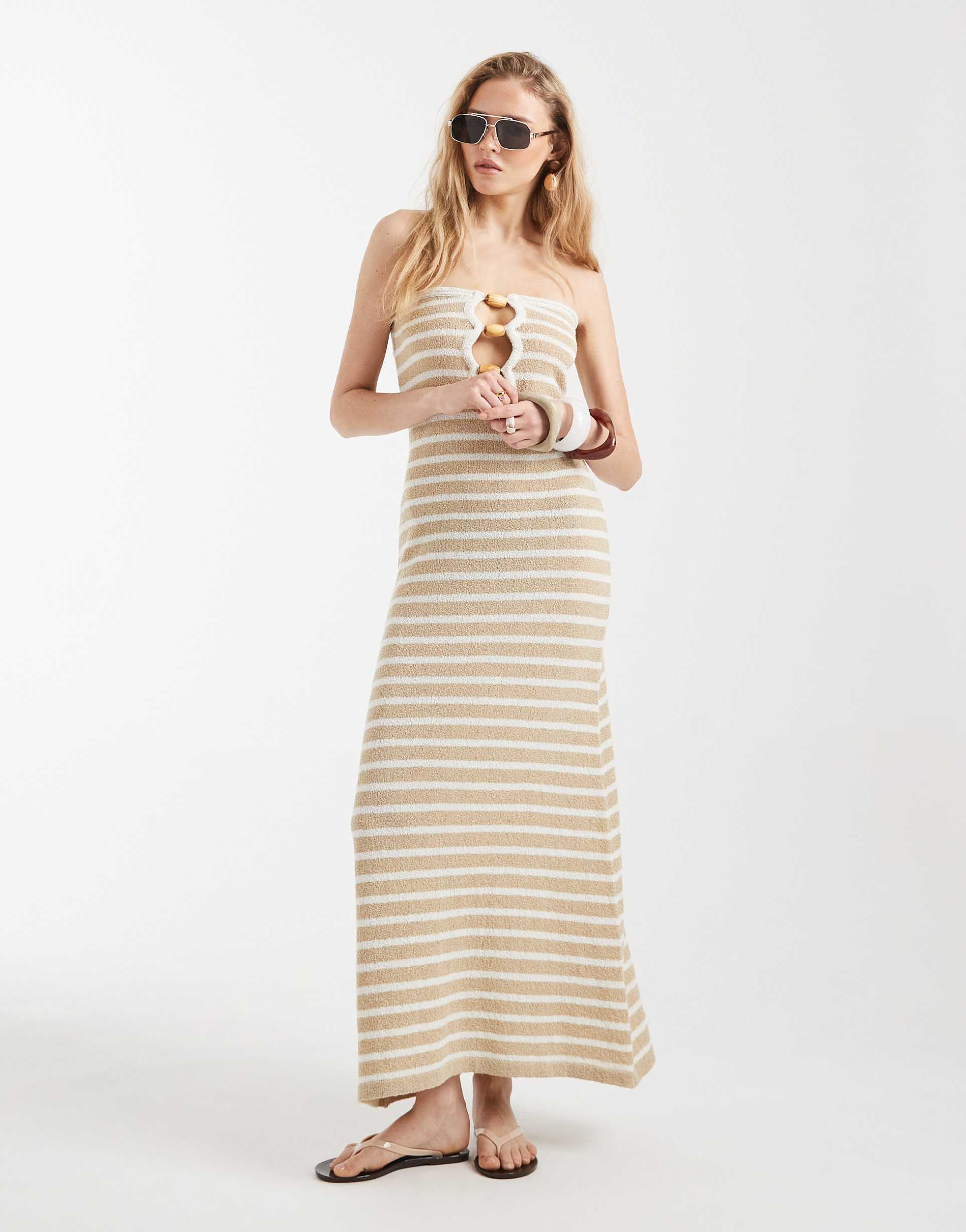 4th & reckless knit strapless keyhole beaded detailing maxi dress in cream & beige stripes