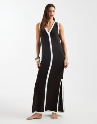 4th & Reckless knit v-neck maxi beach dress in chocolate