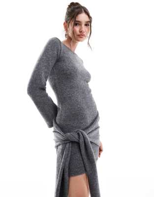 knit wide sleeve knot detail mini sweater dress in gray