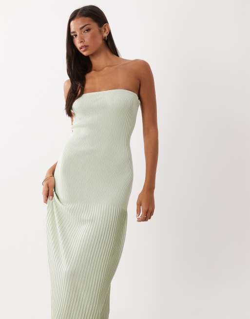 4th & Reckless knitted bandeau drop waist pleat hem maxi dress in sage, 2 of 4