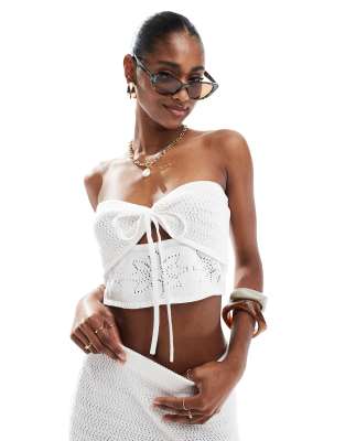 knitted bandeau tie front beach crop top in white - part of a set