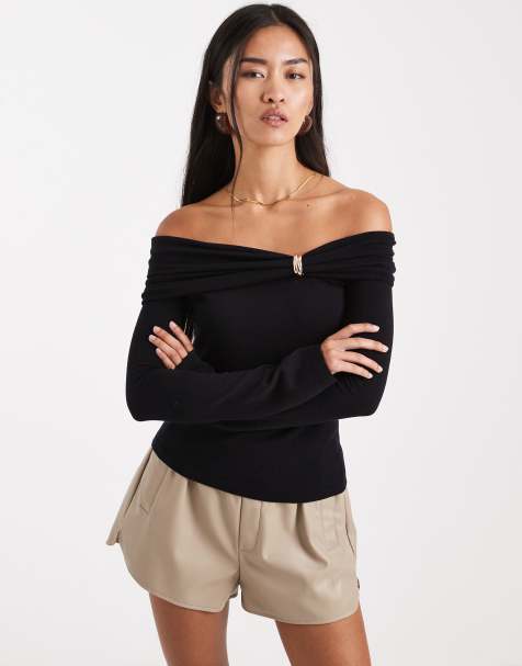 4th & Reckless knitted bardot gold hardware detail jumper in black