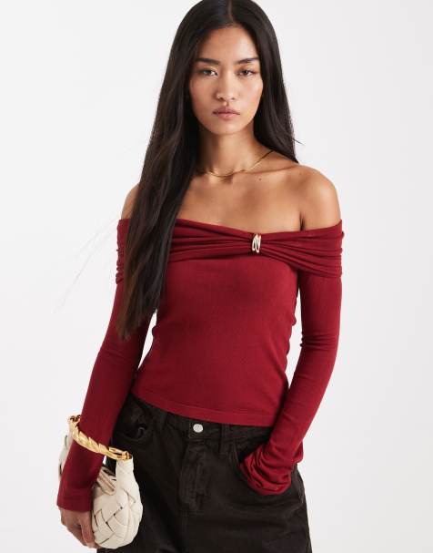 4th & Reckless knitted bardot gold hardware detail jumper in burgundy