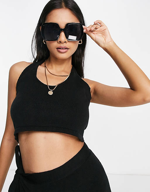 4th & Reckless knitted beach crop top co-ord with keyhole detail in black